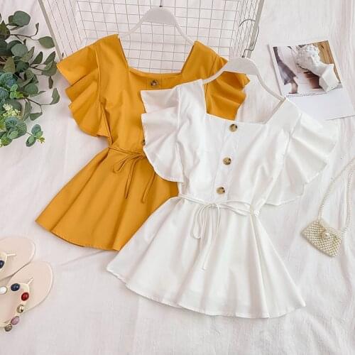 Summer Womens Ruffled Shirt Korean New Retro Wild Solid Square Collar Butterfly Sleeve Lace Shirt Women Top and Blouses GD468