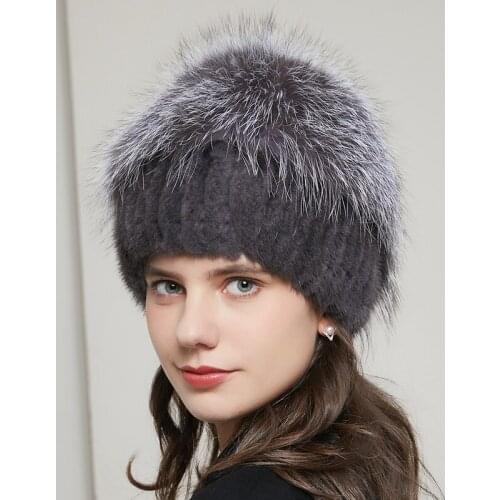 Hot selling fashionable mink hat winter warm womens knit cap mink cap vertical weave with fox fur beanie hat on top 20GYR-01
