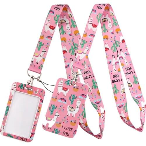 LT376 Pink Cute Alpaca Lanyard Credit ID Badge Holder Key Rings Bag Student Cute Travel Bank Bus Business Card Cover Keychain