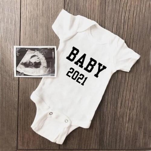 Cute Pregnancy Reveal Baby 2021 Print Baby Bodysuit Cotton Short Sleeve Newborn Boys Girls Romper