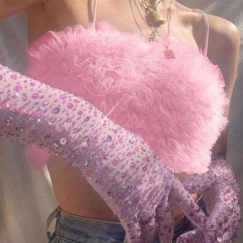 Cute Women Girls Mesh Appliques Pink Crop Camis Slim Mesh Ruffles Bustier Lingerie Bralette Camisole Party Yarn Flower Crop Tops