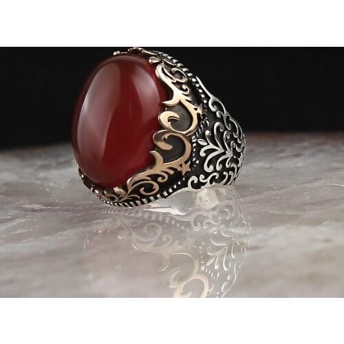 Red Agate Stone Silver Men 'S Ring