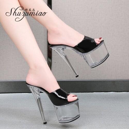 Shuzumiao 2021 Summer New Slippers Women High Heels 16.5CM Transparent Platform Thin Heels Sandals Female Party Pole Dance Shoes