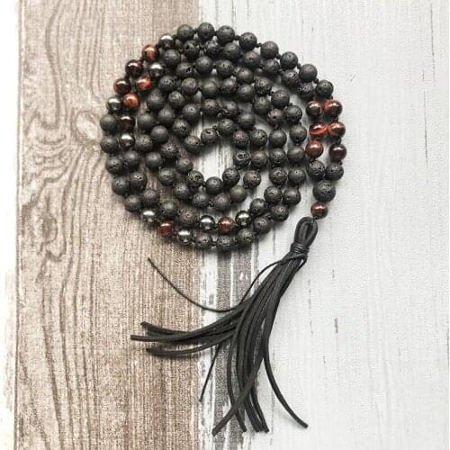 Black Lava Stone Mala Beads Necklace Red Tiger Eye Hematite Mala Necklace Healing Jewelry 108 Knotted Leather Tassel Necklaces