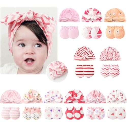 Newborn Baby Anti-scratch Gloves Knotted Hat Set Handguard Cotton Mittens Beanie Cap Kit