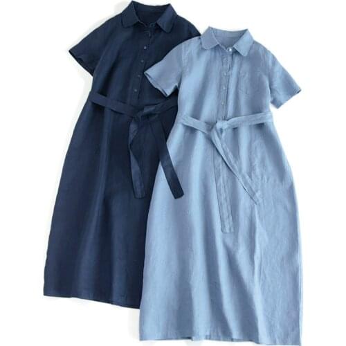 Pure linen short sleeve dress 2021 Summer Cotton hemp womens wear Dress 335