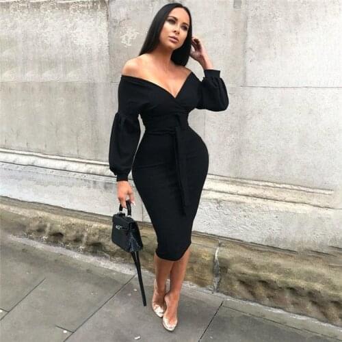 WJFZQM off shoulder wrap sexy v neck lantem sleeve wrap midi dress solid party dress women black long sleeve autumn dress