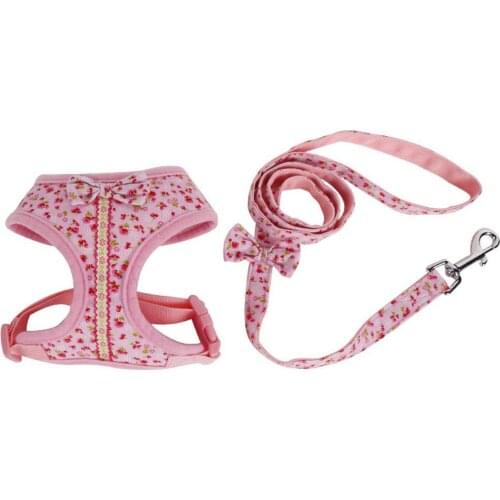Floral Pattern Tiny Small Dog Harness Leash Lead Walking Chest Strap (S, Pink)