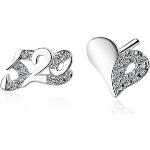 Simple creative design personality temperament crystal 520 heart-shaped asymmetric silver plated stud earrings WE138