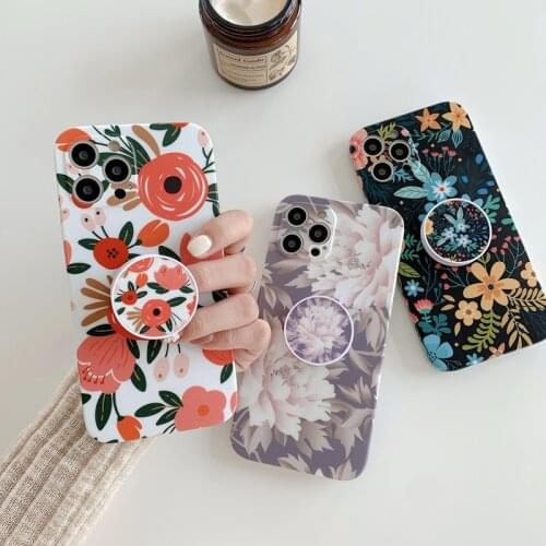 Folding Holder Phone Case For iPhone 12 11 Pro X XR XS Max 7 8 Plus SE 2 12 Mini Retro Flower Floral Matte Soft IMD Phone Case
