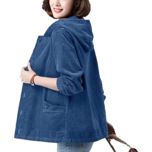 Women Corduroy Coat New Spring Autumn Jacket Plus Size 4XL Middle Aged Mother Hooded Windbreaker Female Casual Outerwear Tops