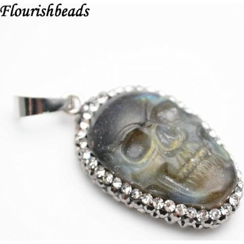 High Quality Natural Labradorite Stone Carved Skull Pendant Black Crystal Beads Setting Jewelry