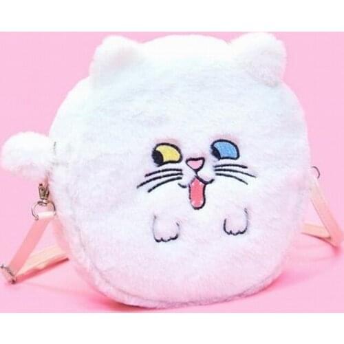 Maiden wind Pink Rabbite White Cat Brown Dog Funny Face Shoulder Bag Candy Solid Soft Girls Cylinder Bags Flannel Diagonal