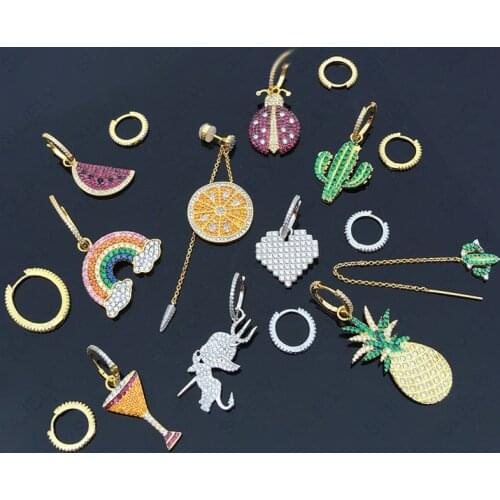 SLJELY Real 925 Sterling Silver Asymmetric Earrings Fashion Women Zircon Rainbow Cactus Watermelon Devil Pineapple Drop Earrings
