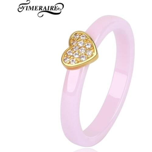 3mm Width Fashion Elegant Pink Finger Rings With Heart Gold Crystals Bling Rhinestone For Women Ladies Ceramic Jewelry Wedding