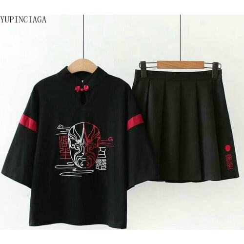 Womens Two Piece Set Face embroidered T shirt + High Waist pleated skirt Female Short Skirt Suit Sweet Style 2 Pieces Sets