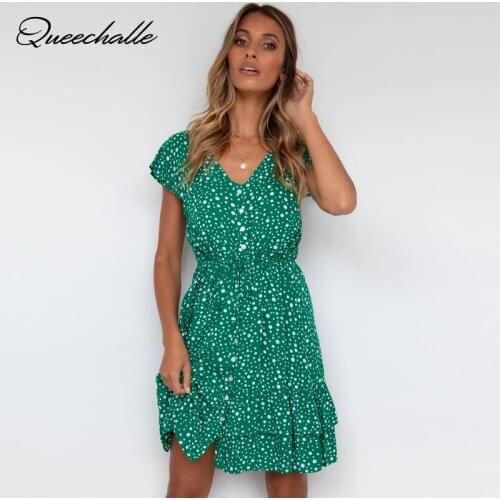2021 Women Green Dots Print Beach Dress Summer Butterfly Short Sleeve Single Breasted Casual Dress Ruffle Ladies Vestidos
