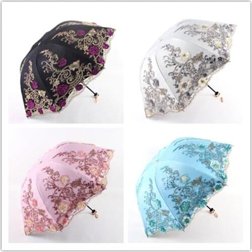 Umbrella Double Layer Lace Umbrella Embroidery Umbrella Lace Umbrella Rain Ladies Folding Double Black Coating UV Protection