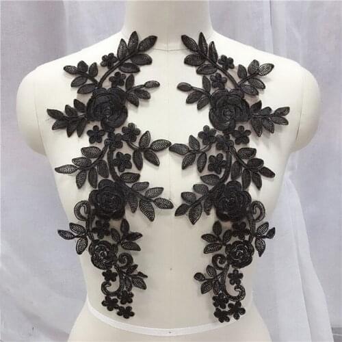 2Pcs Sewing Lace Fabrics 14*35cm White Black Patches Embroidery Flower Large Lace Applique For Wedding Dress, Bridal Gown