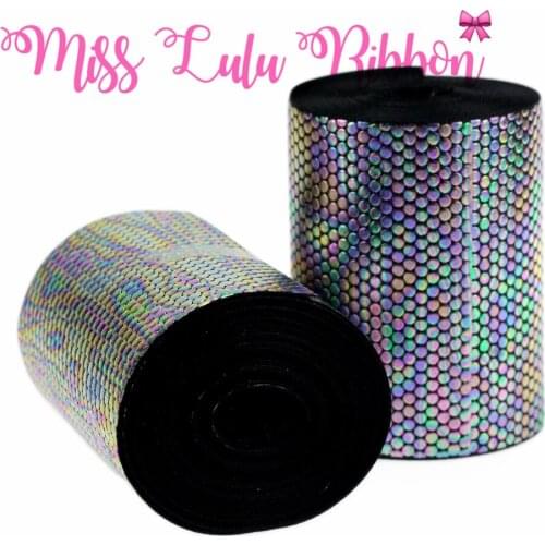 3"75mm Rainbow Hologram Foil Dots Printed Grosgrain Ribbon Black Solid Color DIY Gift Bowknot Hair Band Making 5yards/roll #030