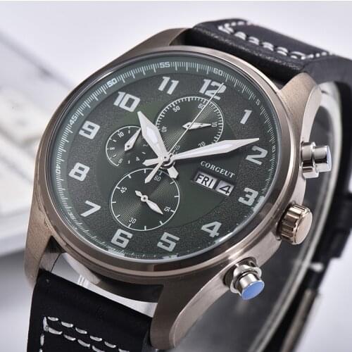 2021 CORGEUT New Brand Mens Quartz Watch 41mm Fashion Green Dial Stainless Steel Pvd Case Calendar Date Luminous Pointer Watch