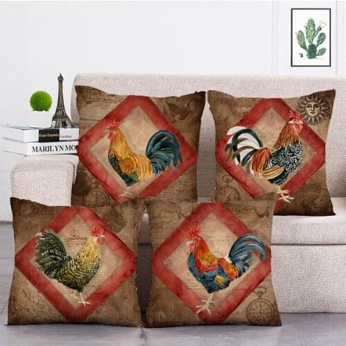 Retro Rooster Printed Cushion Cover Linen Throw Pillow Car Home Decoration Decorative Pillowcase T454