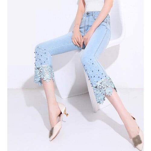 FERZIGE New Luxury Lace Beading Pants Women Fashions Skinny High Waist Jeans Female Casual Slim Fit Pants Plus Size Light Blue
