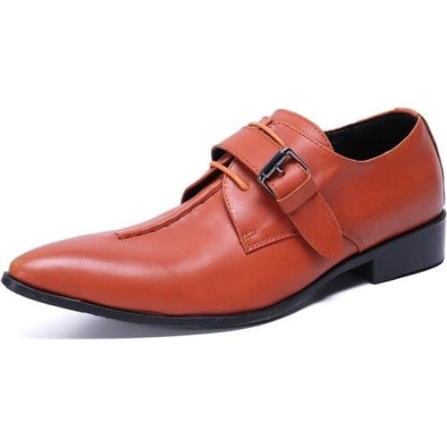 Classic Handmade Red Men Dress Shoes New Genuine Leather Men Business Oxford Shoes Metal Buckle Pointed Men Wedding Shoes