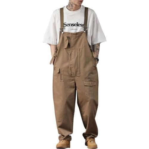 2021 Cotton Overalls Men Fashion Bib Loose Multi-Pocket Straight Jumpsuits Pants Street Casual Hip Hop Khaki Brown Trousers