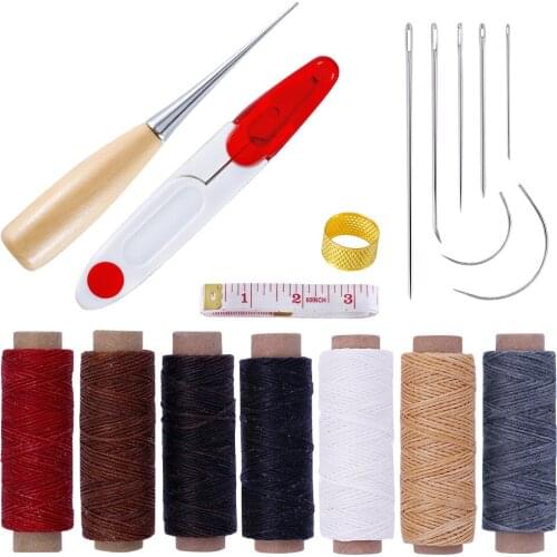 Leather Craft Stitching Tools Set Thimble Stitching Awl Waxed Thread Yarn Scissors Measuring Tape Leather Needle Curved Needle
