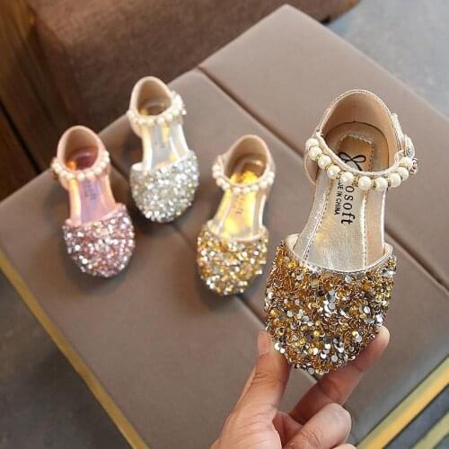 Summer Girls Shoes Bead Mary Janes Flats Fling Princess Shoes Baby Dance Shoes Kids Sandals Children Wedding Shoes Gold