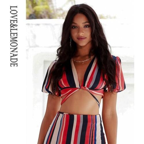 LOVE&LEMONADE Sexy Multicolor Stripes Cross Tie Rope Bubble Short Sleeve Short Top LM83162-2T