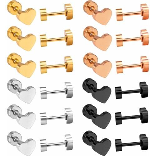 LUXUKISSKIDS 12Pairs/lot Stainless Steel Screw Earrings Mix Color Heart shape Women Fashion Earrings Wholesale