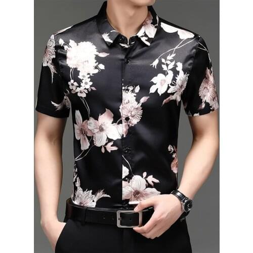 Summer Silk Shirts For Mens Black Smooth Flowers Printed Satin Mens Clothing In Large Sizes Fashion Man Clothes Oversize Work