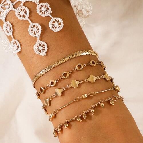 Docona 5Pcs/Sets Bohemian Hollow Geometric Chains Bracelets Set for Women Multilayer Gold Metal Flowers Bangle Jewelry 2020 New