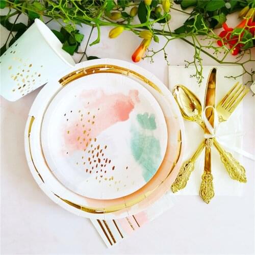 Disposable Tableware party Supplies Colorful Gold Paper Cups&Plates Wedding Birthday Decoration Baby Shower Festival For Kids