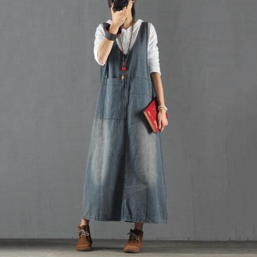Large Pocket Denim Dress Female Loose Slim V-neck Vest Dress Literary Retro A Version Fashion Casual Sleeveless Midi Dress K596
