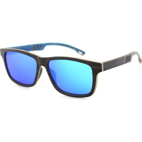 Dropshipping Retro Blue Lenses Fishing Square Wooden Sun Glasses Black And Ebony Frame Wood Laminated Sunglasses for Men