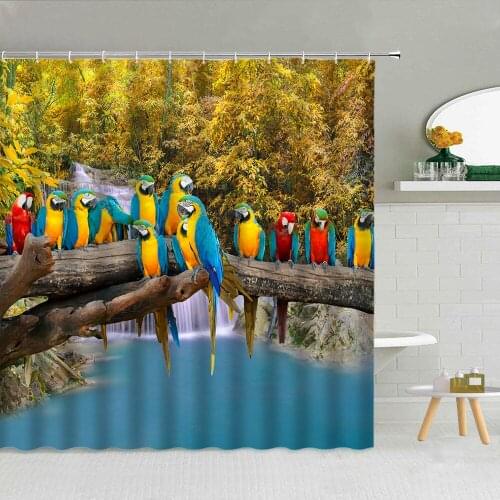 Tropical Forest Scenery Shower Curtains Colorful Parrot Green Plant Leaf Waterfall Bathroom Decor Spring Bird Landscape Curtain