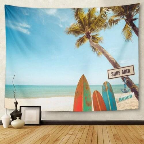 Blue Surfboard Vintage Surf Board with Palm Tree on Tropical Beach in Summer Color Tone Green Retro Tapestry Wall Hanging