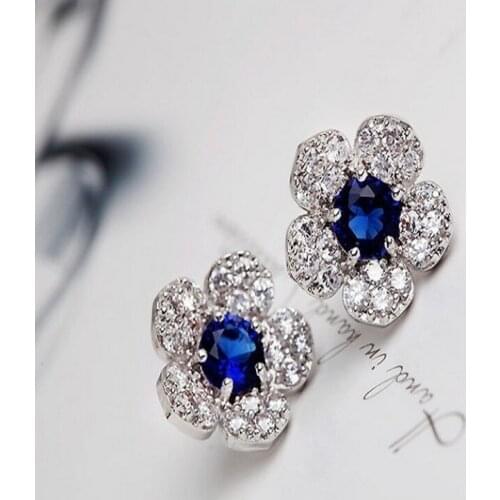 Charming Blue Crystal Flower Full Zirconia Cz Crystal Leaves Stud Earrings For Women Girls Piercing Jewelry Flowers Earrings