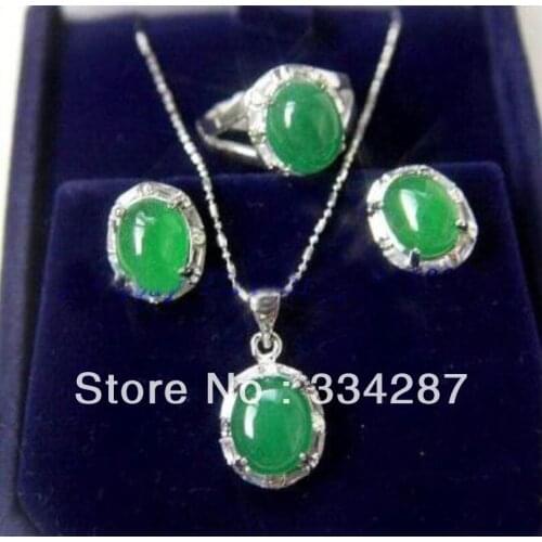 Ladys fine 18K green jade CZ earring pendant ring #7,8,9 set