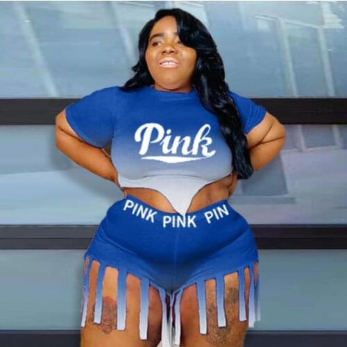 Curve Plus Size Shorts Set Pink Letter Print Tracksuits With Tassel Short Sleeve Top + Shorts Two Piece Sports Suits For Women