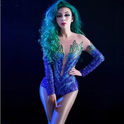 Women Stage Sparkly Rhinestones Mesh Bodysuit Womens Dance Costume Dance Show Nightclub Female Singer Wear See Through Leotard