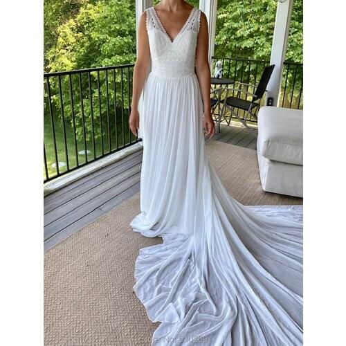 Beach Wedding Dresses Vestido Branco Long Train Chiffon Bridal Gown V Neck A Line Summer Robe De Mariage Custom-made Casamento