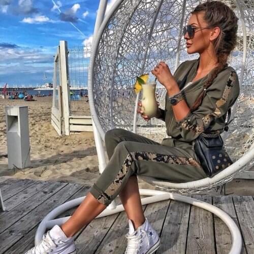 2019 New Arrival Cotton Full Zipper Spring Casual Two-piece Sequin Stitching Jacket + Trousers Suit Woman 2 Piece Set Women