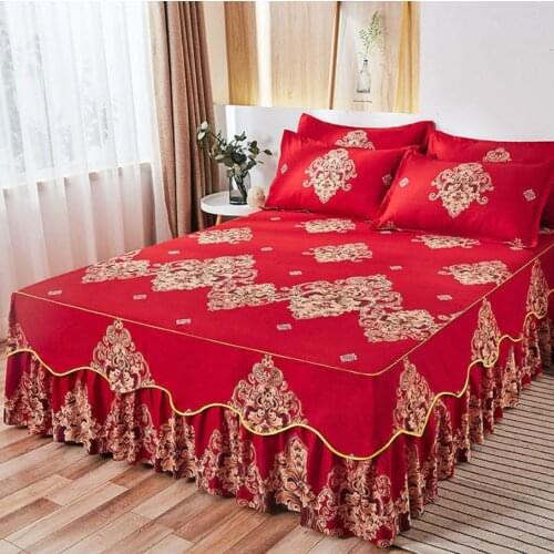 2021 Promotion New 4 Size Full/queen/king Chinese Wedding Classic Bed Linen Cotton Oriental Bride 2pcs Skirt Pillowcase F0387