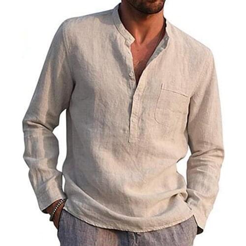 2021 Fashion Mens Baggy Cotton Linen shirt Solid Color V Neck Long Sleeve Button Pocket Top Cotton Linen Shirt Tops Blo