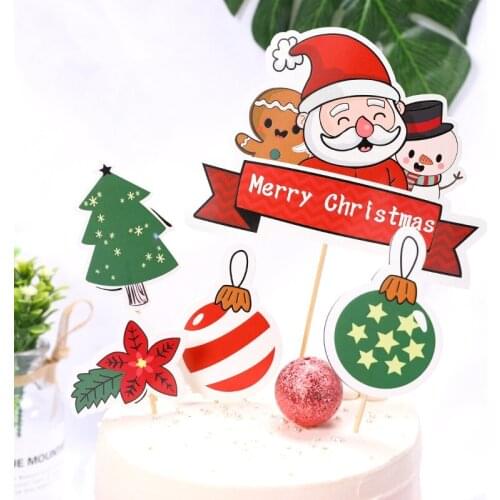 5pcs/set Merry Christmas Cake Topper Flags Santa Claus Pine Trees Cake Topper Christmas Party DIY Cake Decor