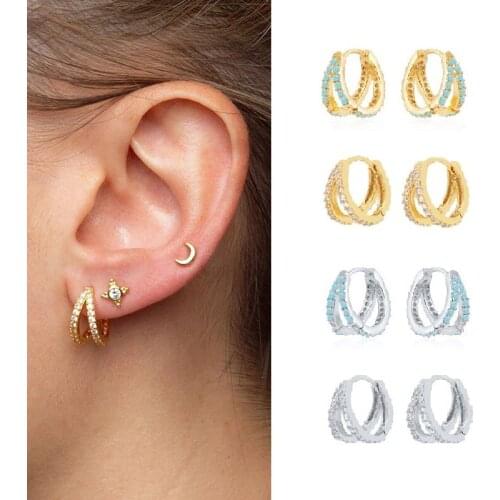 AIDE 925 Sterling Silver Hoop Earrings for Women 2 Row Turquoise Zircon Piercing Earings Fine Jewelry pendientes Gift kolczyki